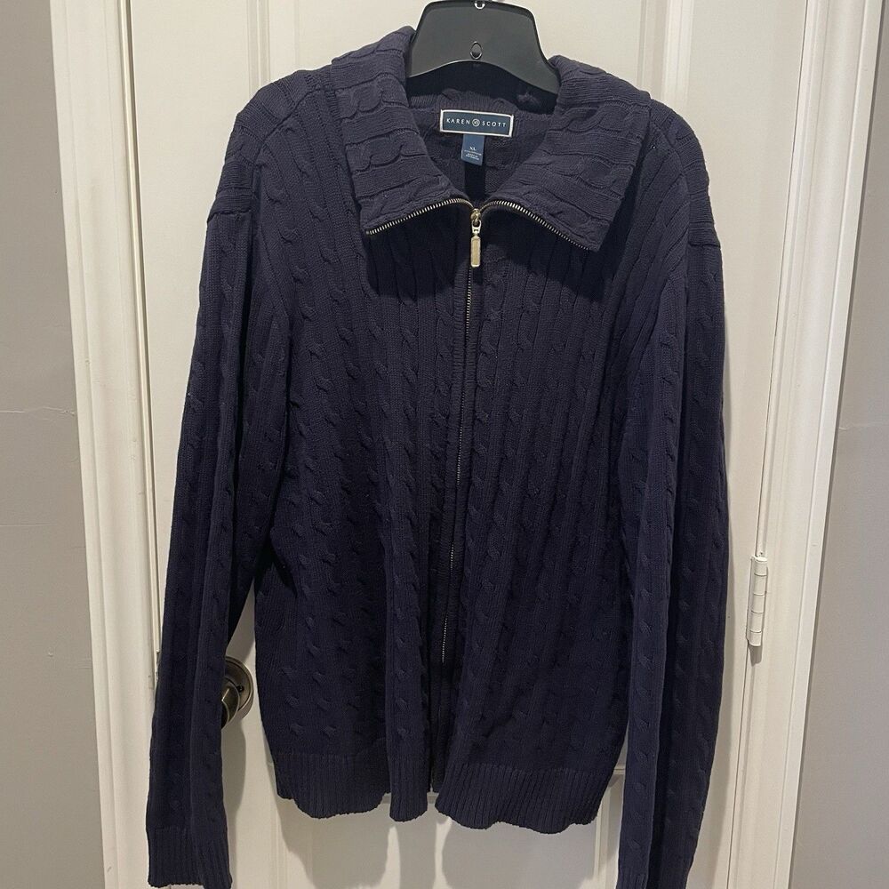 Karen Scott Cable Knit Cardigan Sweater Full Zip Navy Women’s XL